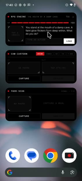 Home screen with an RPG widget, a cam-cartoon widget and a food-scan widget